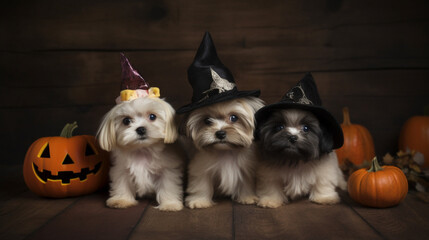 3 dogs wearing a witch hat for haloween
