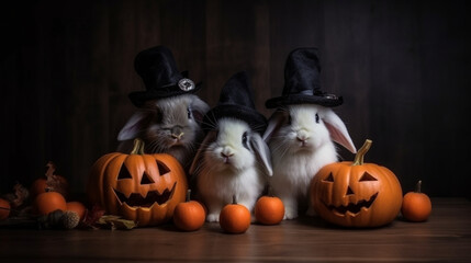 3 cute rabbits wearing a halloween hat