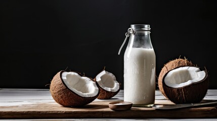 Fototapeta na wymiar Coconut milk and coconut fruit on dark background 