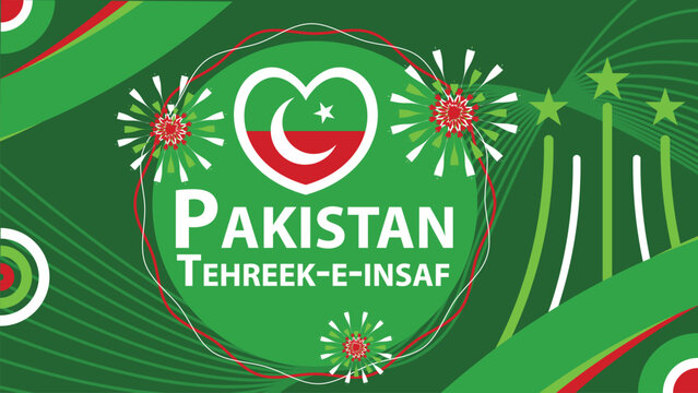 Pakistan tehreek-e-insaf national day vector geometric banner design with Pakistani insafians flag theme colors, shapes, fireworks and typography. Pakistan celebration background.