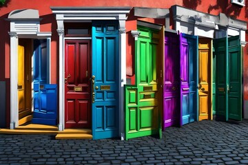 Colourful Irish Doors of Dublin. Panoramic Collection of Georgian Landmarks in Rainbow Colours, Ireland. 3d rendering