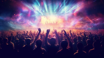 Fototapeta na wymiar Hand up crowd of people dancing at big colorful shining spot light concert