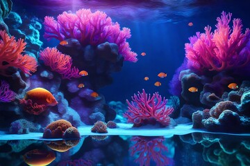 Colorful tropical coral reef with fish. Vivid multicolored corals in the sea aquarium. Beautiful Underwater world. Vibrant colors of coral reefs under bright neon purple light 3d rendering