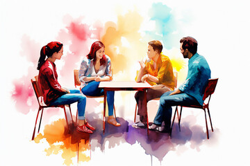 Watercolor Painting of a Group Therapy Session, Mental Health Concepts, Generative AI