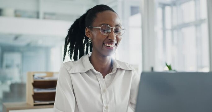 African business woman, typing and laptop with smile, meme or social media in office at copywriting startup. Entrepreneur, computer and happy for email, thinking and report with communication on web