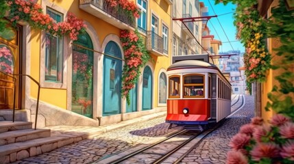 vintage tram on the narrow street for travel destination - obrazy, fototapety, plakaty