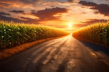 Poster Sunrise over a farm road and corn fields, near Route 66 in Towanda, Illinois 3d rendering © Ahtesham
