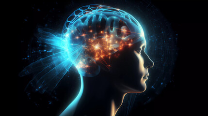 Silhouette of Men's laminate brain with light connection.Brain waves.Human brain neuroscientist concept.