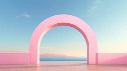 Suspended gracefully in the sky, a floating pink arch embodies the essence of contemporary surrealism. Its levitating presence against the backdrop of clouds blurs the boundaries between art - obrazy, fototapety, plakaty