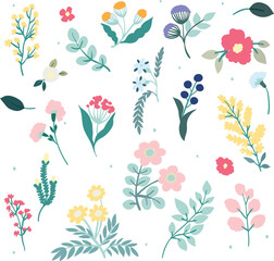 Flower banner or floral icon and logo decorated with gorgeous multicolored blooming flowers and leaves border. Spring botanical flat vector illustration on white background in simple style
