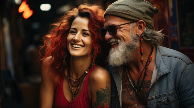 Adult beautiful loving couple, woman together with her beautiful Bearded man, Crazy guys, hipsters, Fun and creative, outdoor portrait, close up