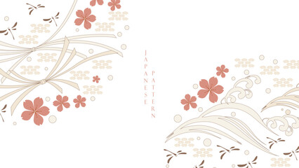 Japanese icon and symbol vector background . Oriental decoration with logo design, flyer or presentation in vintage style. Cherry blossom flower, hand drawn wave, ribbon element with geometric shape. 