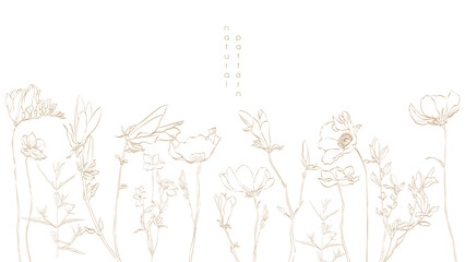 Art natural banner design. Japanese background vector. Branch of floral and leaves decoration in vintage style. Hand drawn natural element in luxury style.