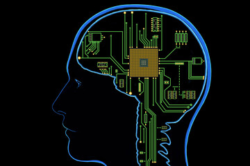 Concept 3d illustration of electronic chip in form of human brain in electronic cyberspace. Artificial intelligence in brain.