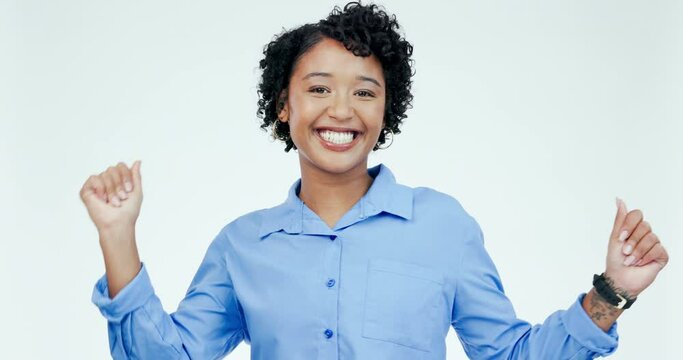 Face, woman and happy dance in studio for freedom, celebrate party and success of winning. Portrait, excited model and dancing with music for celebration, pride and lottery bonus on white background