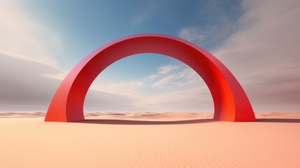 Amidst the sandy landscape,a bold red arch rises, accentuated by the formation of clouds overhead.The interplay of the arch's vibrant hue and the gathering clouds creates a captivating visual contrast - obrazy, fototapety, plakaty