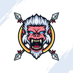 Illustration of a Screaming Gorilla Head with Angry Face Surrounded by a Golden Ring and Four Spears