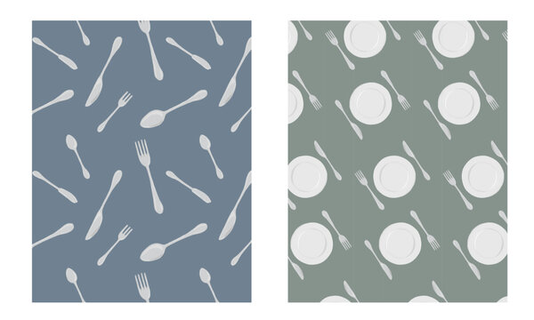 Set of hand drawing patterns. Tableware, fork, knife, spoon and plate vector seamless pattern background.