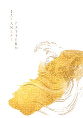 Japanese background with Gold texture in brush stroke painting vector. Abstract art hand drawn line wave pattern. Template design with ocean sea pattern in vintage style.