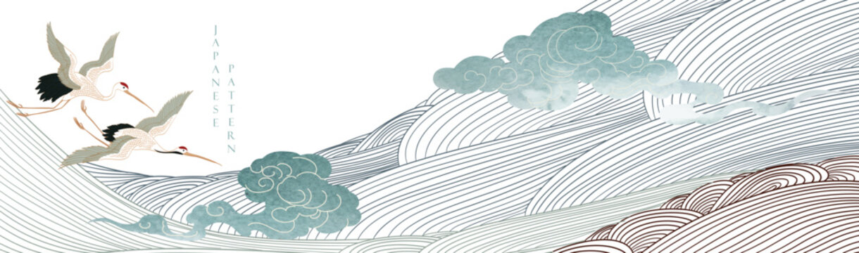 Japanese background with line wave pattern vector. Abstract art template with crane birds element banner . Mountain forest layout design in vintage style. Chinese cloud and watercolor texture.