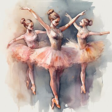 Beautiful women with hair up in elegant white dress against delicate background of pastel shades. watercolor illustration of dancing ballet movement. Generative ai