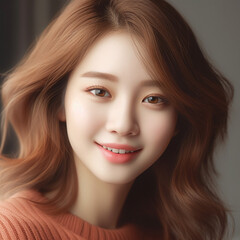 Naklejka premium [salon kei],a girl with soft light brown hair is photograph, in the style of realistic hyper-detailed photograph [background city weather fine],natural makeup,[hyper-realistic skin texture], light red