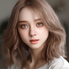 Fototapeta premium [salon kei],a girl with soft light brown hair is photograph, in the style of realistic hyper-detailed photograph [background city weather fine],natural makeup,[hyper-realistic skin texture], light red
