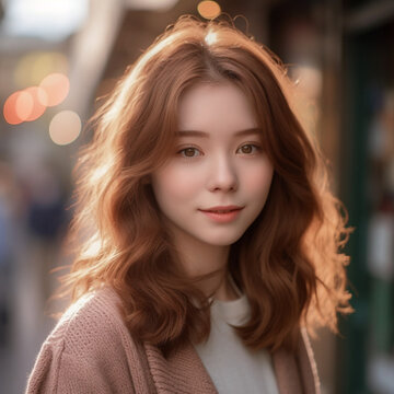 [salon kei],a girl with soft light brown hair is photograph, in the style of realistic hyper-detailed photograph [background city weather fine],natural makeup,[hyper-realistic skin texture], light red