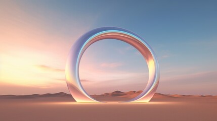 Amidst the desert's vastness, a shimmering silver arch rises, embodying the essence of colorful surrealism. This artistic creation adds a touch of modern vibrancy to the barren landscape - obrazy, fototapety, plakaty