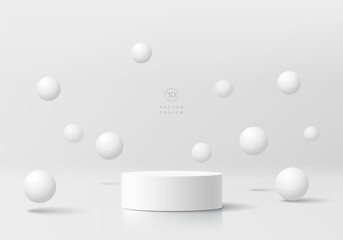 Abstract 3D white and gray cylinder pedestal podium background with bounce sphere balls wall scene. Minimal mockup product display presentation, Stage for showcase. Platforms vector geometric design.