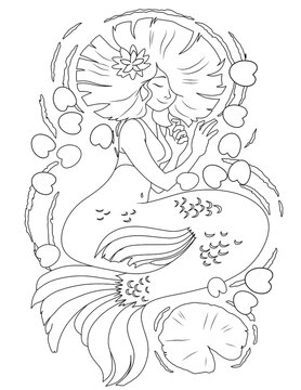 girl with flowers mermaid Black and white line art design of imaginary characters for t-shirt or coloring book or mug or shirt cloths as fantasy animals like tattoo 
