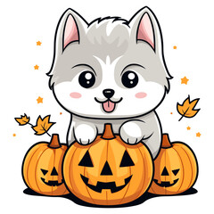 Cute husky dog with pumpkins, dog and pumpkin vector illustration. isolated  on transparent  background.