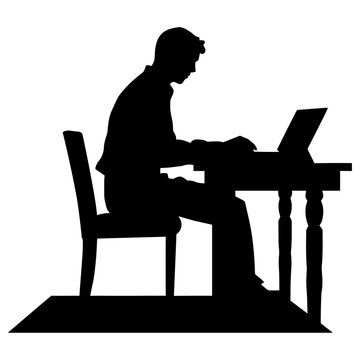 recommend clip art: black silhouette of a man sitting behind a laptop icon, vector, working man, Silhouette of man working at computer. Programmer sitting stooping at laptop, vector illustration.