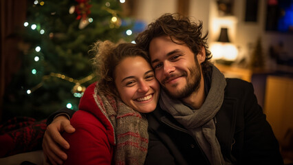 Fototapeta premium happy young couple smiling by a Christmas tree