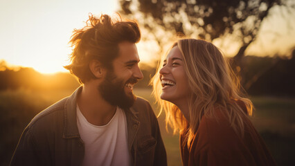 young couple smiling in a field at golden hour