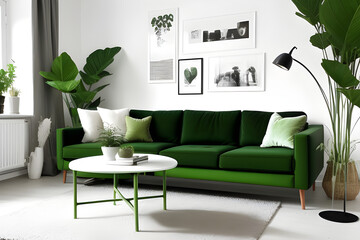 Stylish scandinavian living room interior with green velvet sofa, coffee table, carpet, plants, furniture, elegant accessories in modern home decor. Modern living room