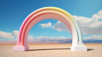 Against the desert backdrop, a pristine white arch stands prominently, reflecting the essence of contemporary artistic style. The presence of clouds adds an atmospheric touch