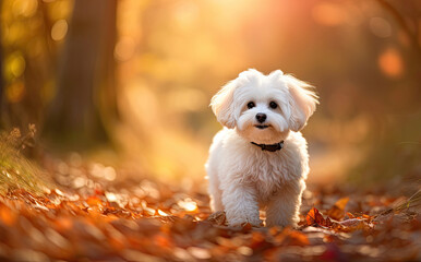Cute white bichon frise dog in an autumn park