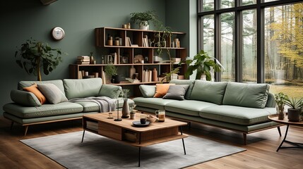 nordic style interior design, modern lounge, sage green and cream high resolution. Generative AI