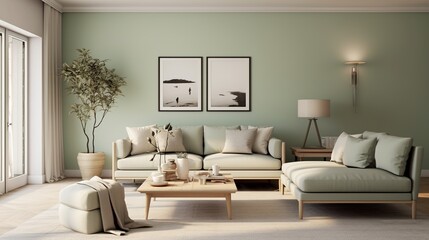 nordic style interior design, modern lounge, sage green and cream high resolution. Generative AI