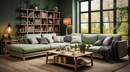 Naklejka premium nordic style interior design, modern lounge, sage green and cream high resolution. Generative AI