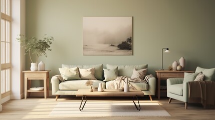 nordic style interior design, modern lounge, sage green and cream high resolution. Generative AI