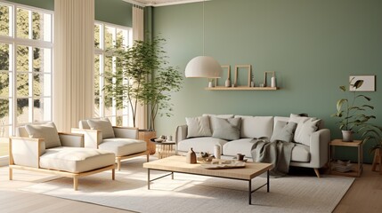 nordic style interior design, modern lounge, sage green and cream high resolution. Generative AI