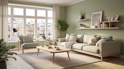 nordic style interior design, modern lounge, sage green and cream high resolution. Generative AI