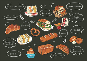 パンの手書きイラストセット