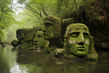 Fototapeta na wymiar Large stone faces partially submerged in the water and covered in moss