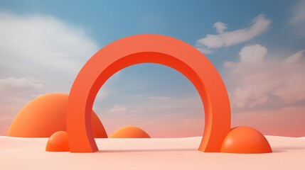 Against the desert's backdrop, an eye-catching orange arch stands prominently, reflecting the essence of a vibrant artistic style. The presence of clouds adds an atmospheric touch