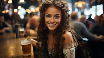 Young woman drinking beer in the bar during Oktoberfest