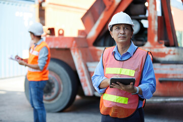 factory worker or engineer working on tablet in containers warehouse storage