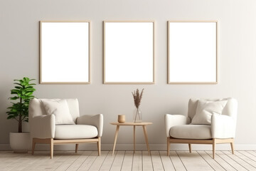 modern luxury living room interior 3d scene, a big blank poster frame, generative AI